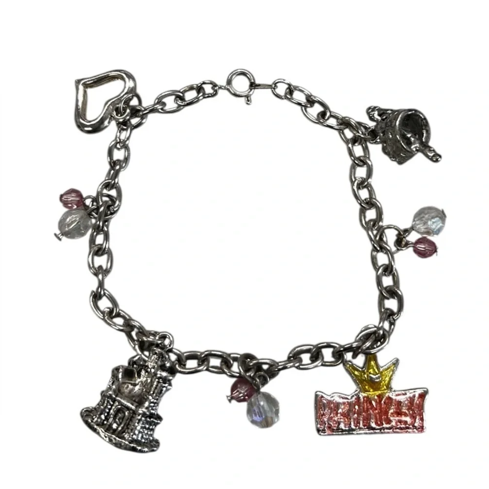 Vintage Child Princess Charm Bracelet Princess, Castle, Crown and Heart 7”